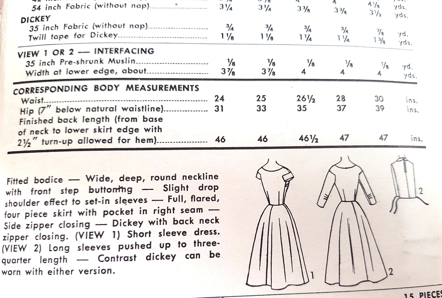 1950s PRETTY Dress and Dickey Pattern ADVANCE 6756 Figure Flattering Design Bust 32 Vintage Sewing Pattern