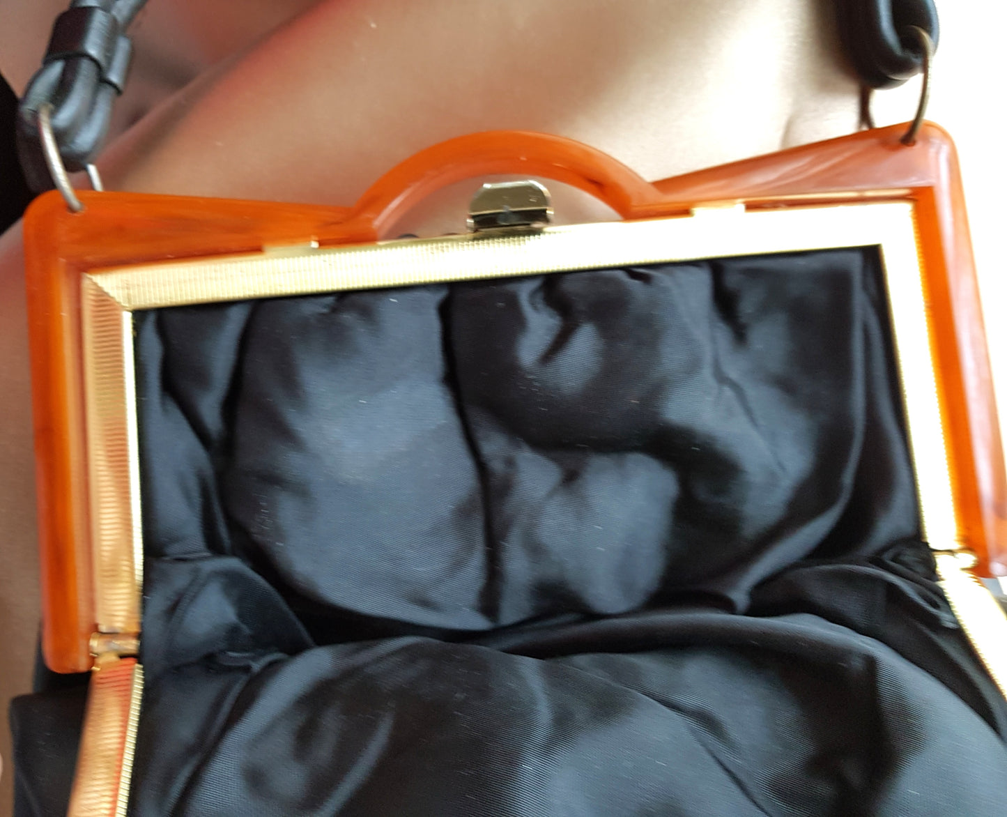 Art Deco Style Bakelite Frame Hand Bag Purse, Vintage Black Leather Style Purse