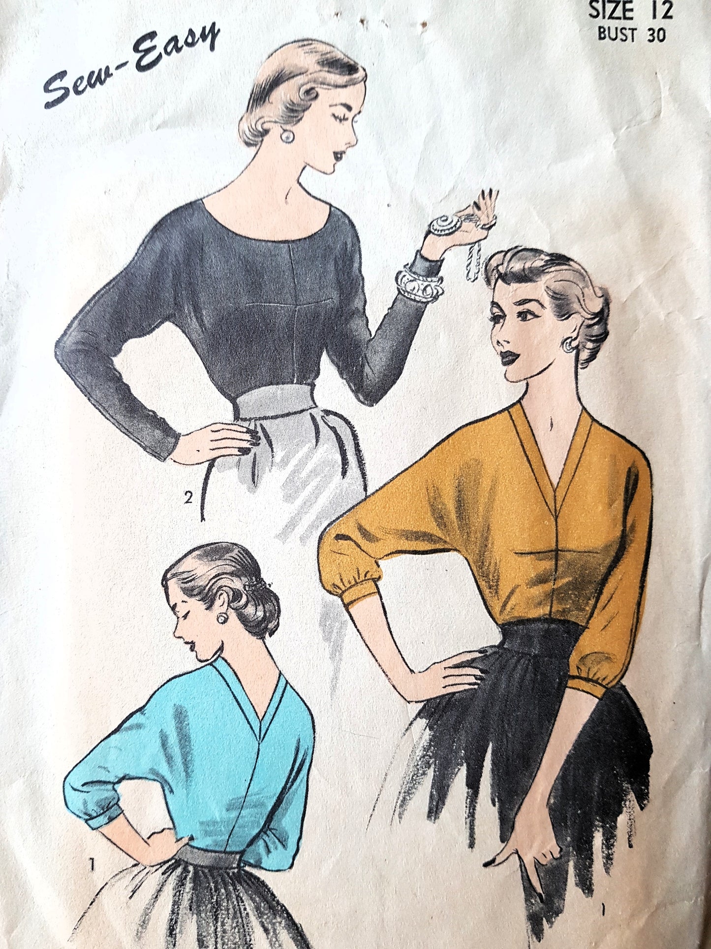 1950s SEW EASY Blouse Top Pattern ADVANCE 6355 Flattering Scoop or V Necklines, Bust 30 Vintage Sewing Pattern