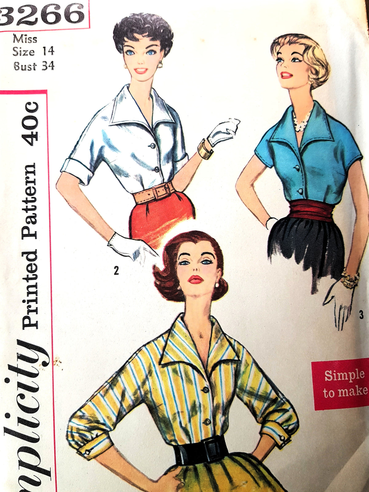 Late 1950s SIMPLE To Make Blouse Pattern SIMPLICITY 3266 Three Fabulous Styles, Bust 34 Vintage Sewing Pattern FF