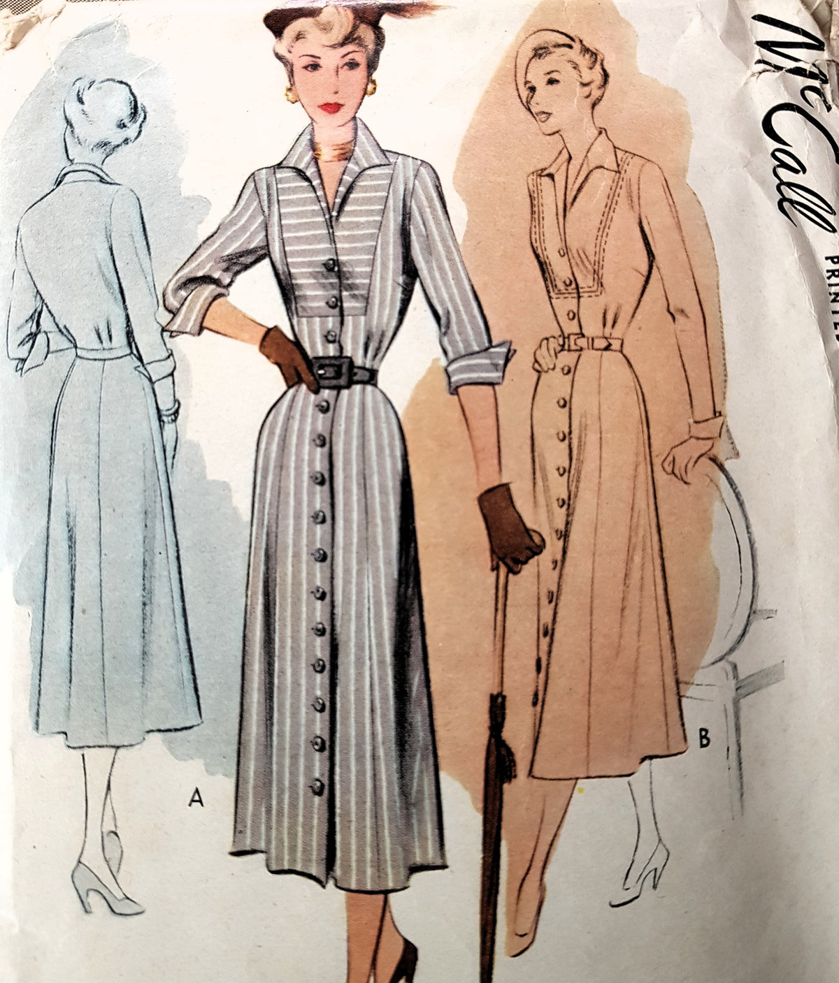Late 1940s STYLISH Front Button Dress Pattern McCALL 7793 Chic Details Bust 34 Vintage Sewing Pattern
