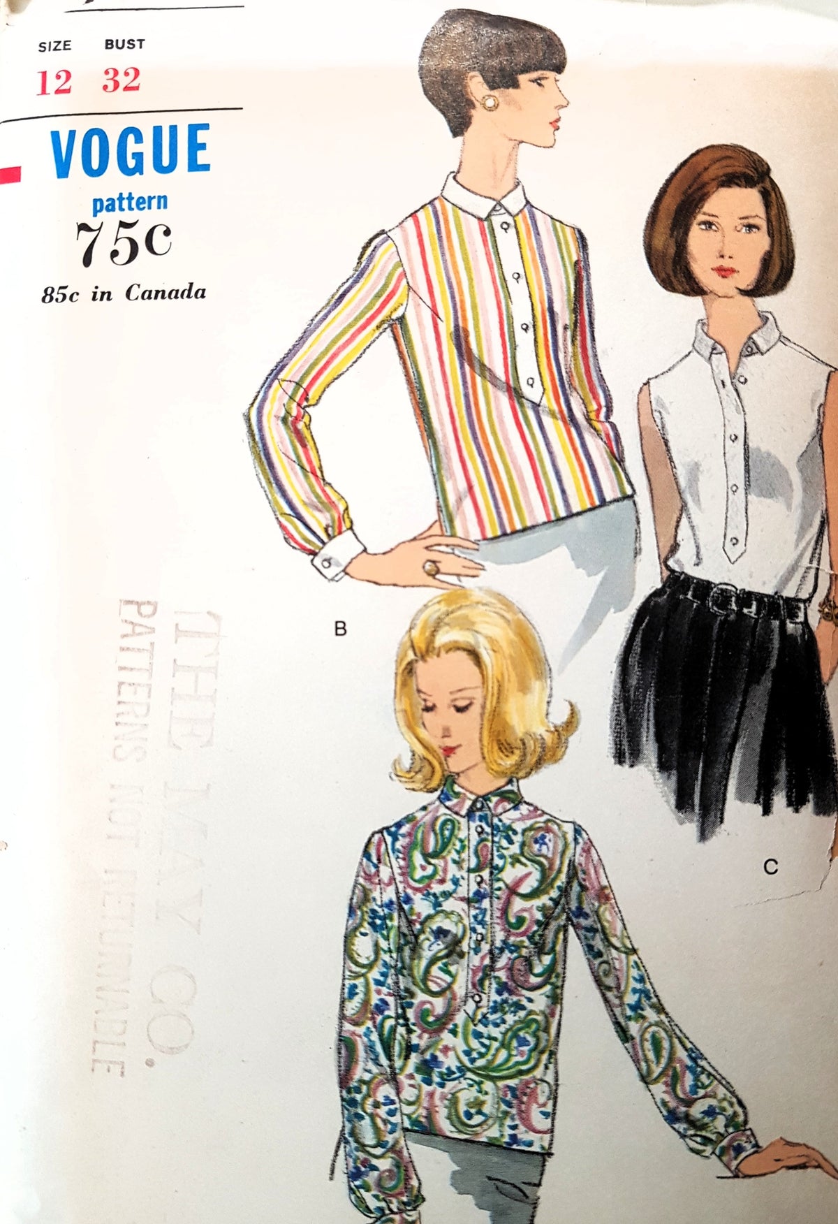 MOD 1960s Overblouse or Tuck In Blouse Pattern VOGUE 7150 Three Style Versions, Bust 32 Vintage Sewing Pattern FF