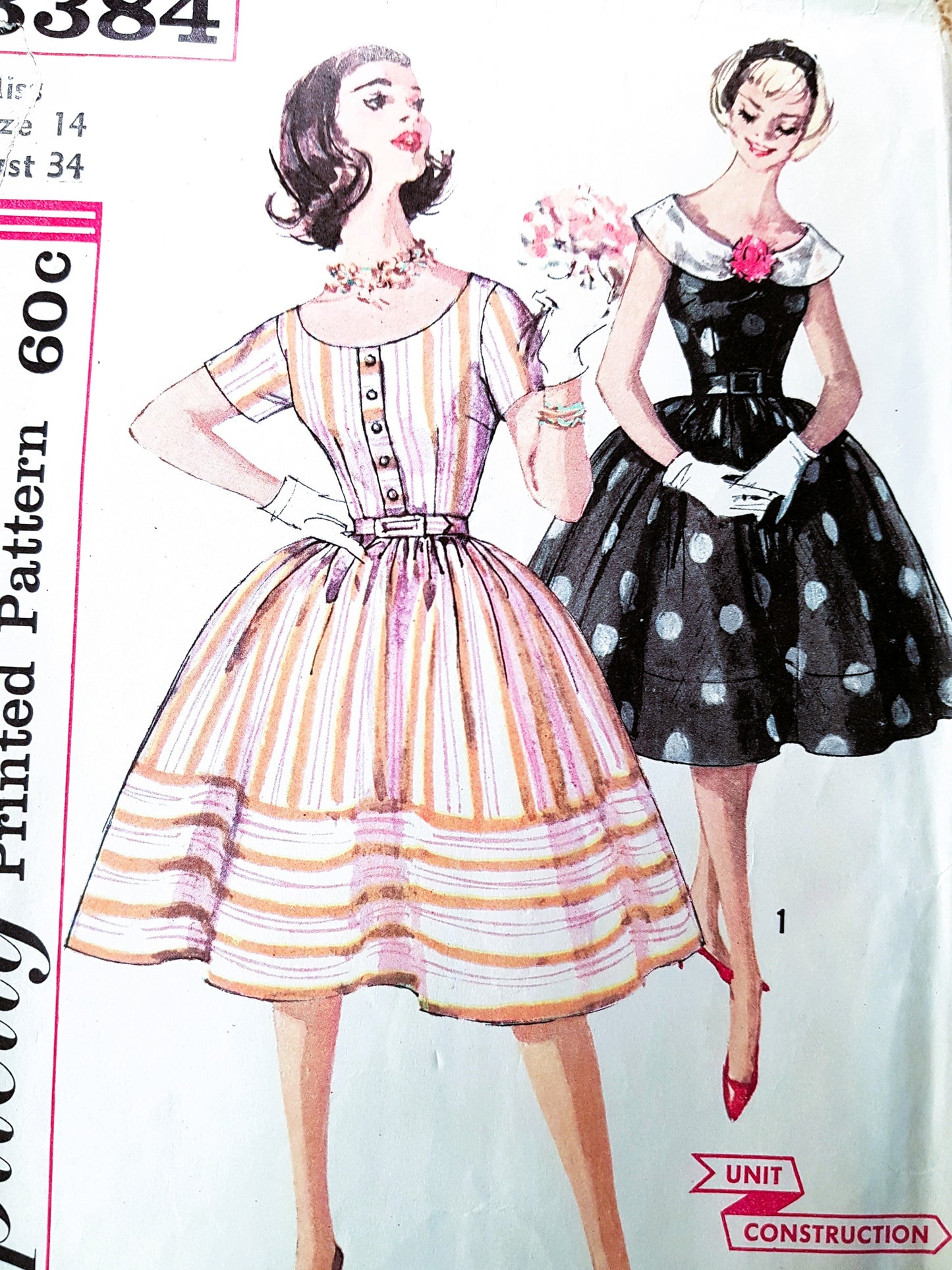 1960s PRETTY Dress Pattern SIMPLICITY 3384,Full Skirt Day or Party ,Detachable Collar, Bust 34 Vintage Sewing Pattern