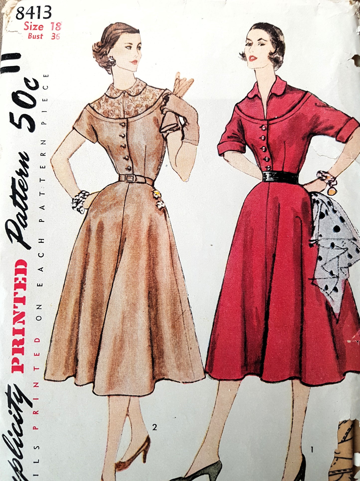 1950s STYLISH Dress Pattern SIMPLICITY 8413 Bust 36 Vintage Sewing Pattern