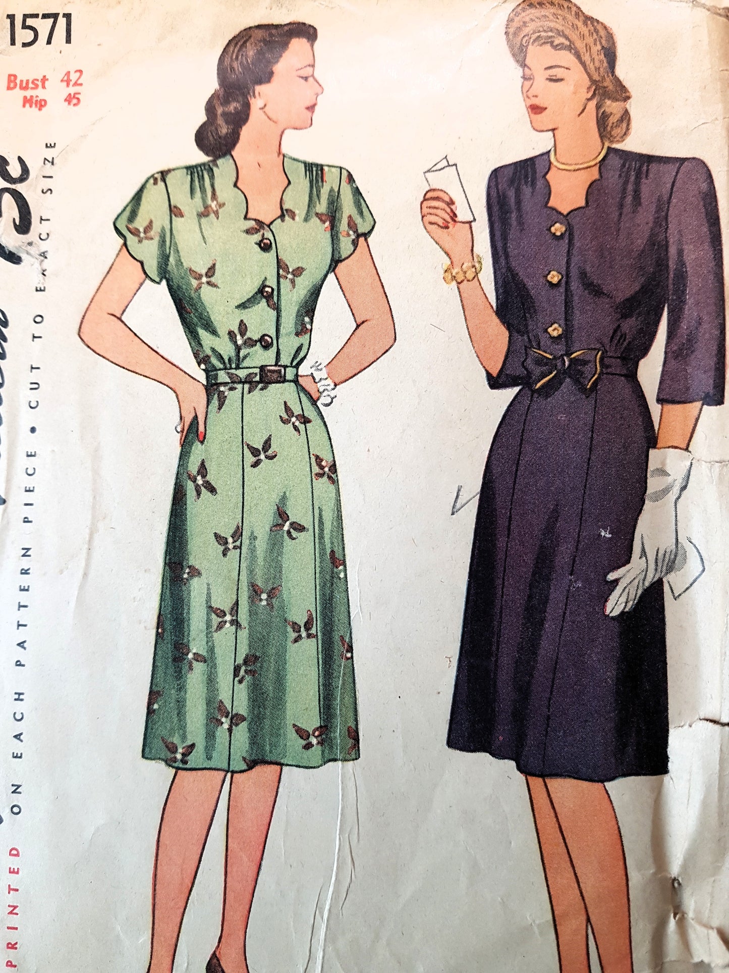 1940s PRETTY Dress Pattern SIMPLICITY 1571 Scalloped Neckline, 2 Sleeve Options, Bust 42 Vintage Sewing Pattern
