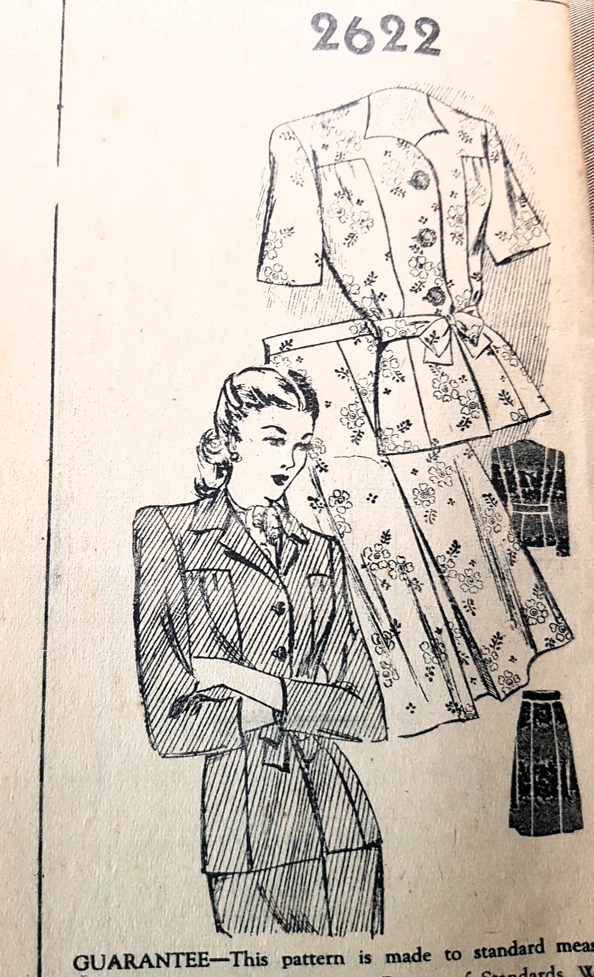 1940s CLASSIC 2 Pc Dress Pattern MAIL ORDER 2622 Two Neckline Styles Bust 42 Vintage Sewing Pattern FF
