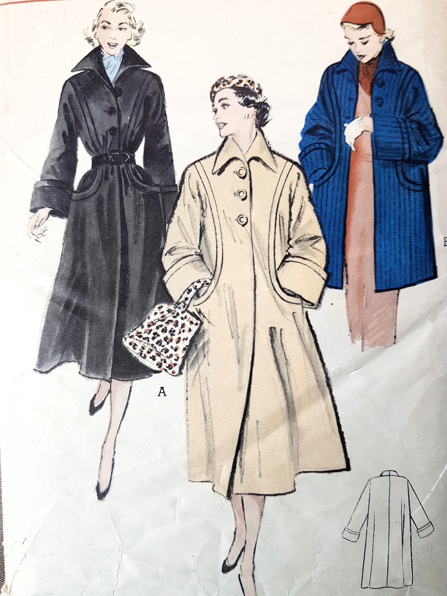 FABULOUS 1950s Coat Pattern BUTTERICK 5519 Two Lengths, Lovely Big Cuffs, Wing Collar, Bust 32 Vintage Sewing Pattern