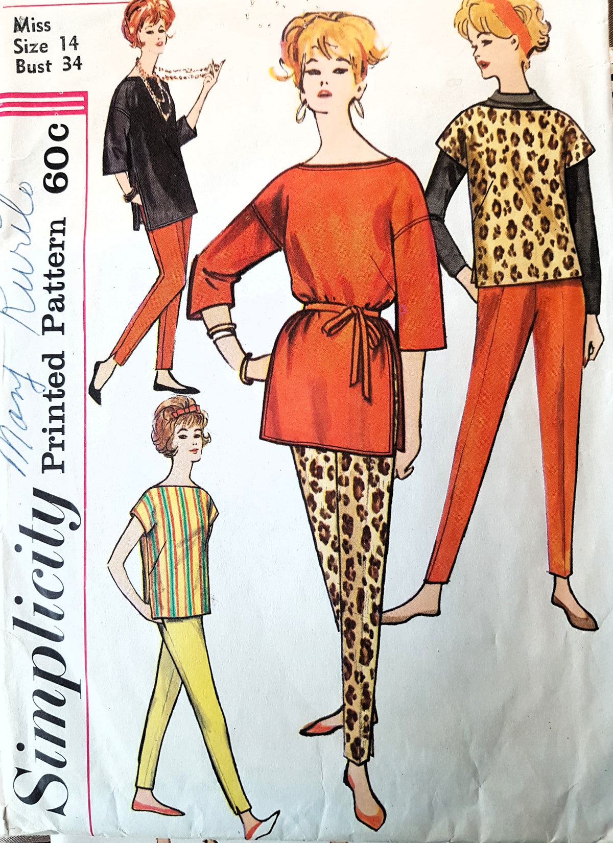 Early 1960s SLIM Pants and Tunic Top Pattern SIMPLICITY 4129 Bust 34 Vintage Sewing Pattern