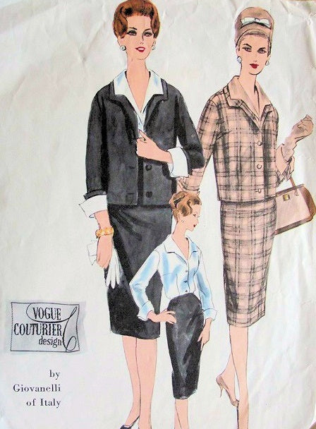1960 Classy GIOVANELLI Suit Pattern Vogue Couturier 207 Slim Skirt Short Boxy Jacket Beautiful Tailored Cuffed Blouse Bust 34 Vintage Sewing Pattern