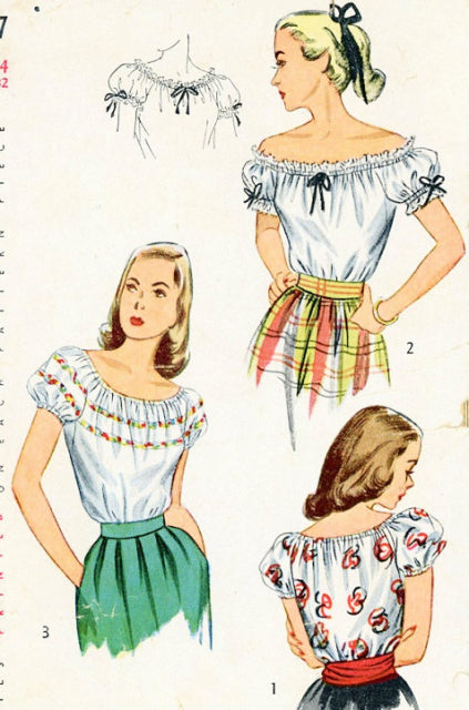 1940s Blouse Pattern Simplicity 2127 Peasant Blouse Off The Shoulder Embroidered and Ruffled Versions Vintage Sewing Pattern Bust 30 or 34