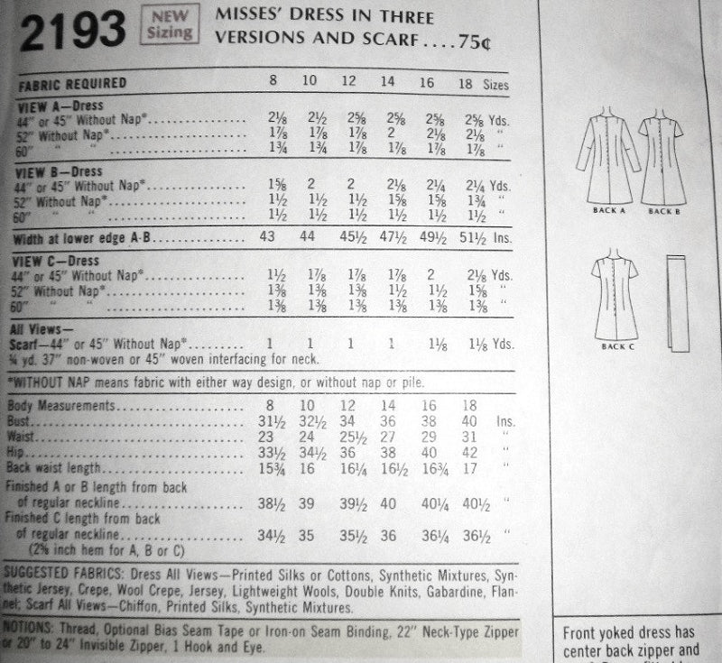 1960s Vintage McCalls 2193 Sewing Pattern Mod Dress Three Style Versions And Scarf UNCUT Bust 32.5