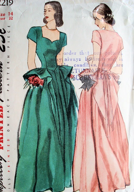 1940s GORGEOUS Evening Gown Dress Pattern SIMPLICITY 2219 Flattering Sweetheart Neckline Bust 30 Vintage Sewing Pattern