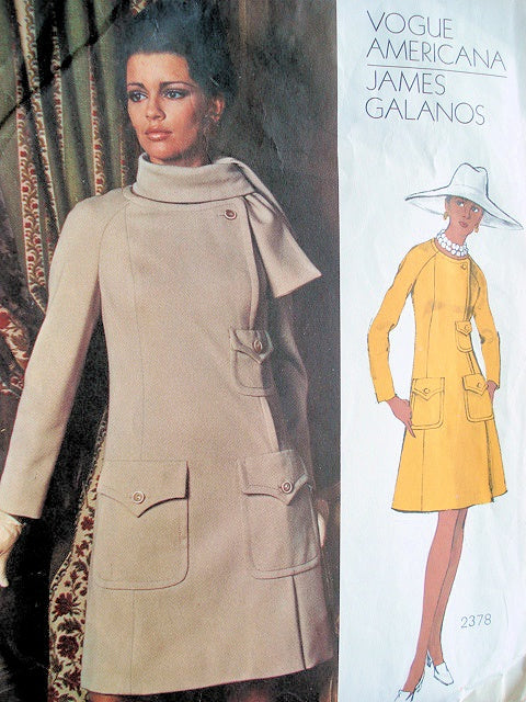 1960s JAMES GALANOS Dress Pattern VOGUE Americana 2378 LOVELY Dress and Scarf Unique Pocket Details Bust 31 Vintage Sewing Pattern