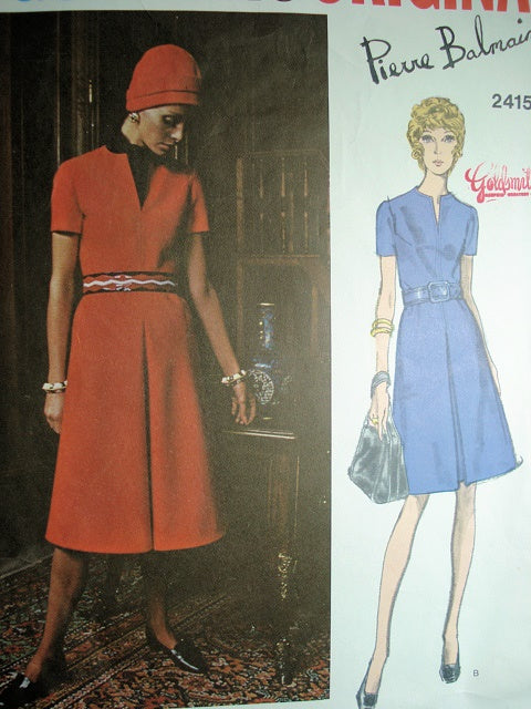 1970s A LINE DRESS PATTERN PIERRE BALMAIN VOGUE PARIS ORIGINAL