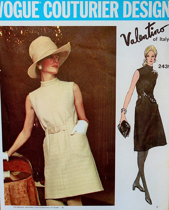 1970 ELEGANT Valentino Day or Evening Slim Dress Pattern Vogue Couturier 2439 Semi Fitted A Line, 2 Lengths Bust 34 Vintage Sewing Pattern