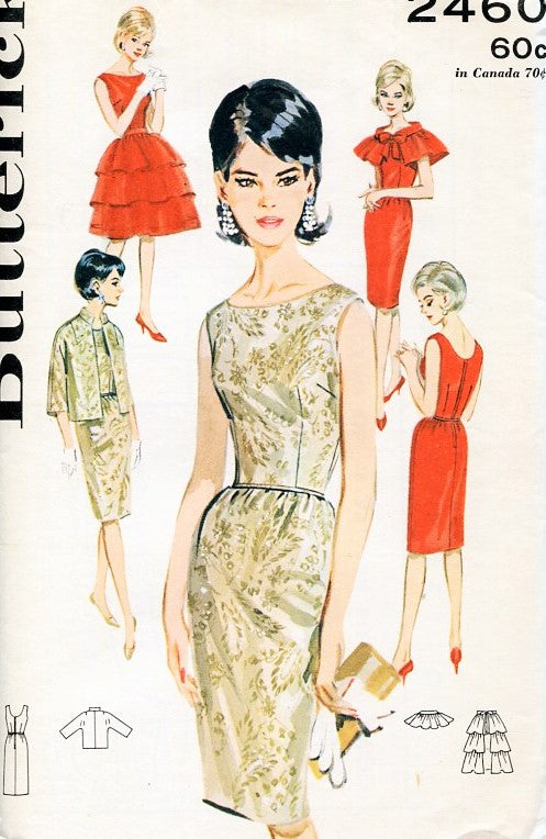 1960s Slim Evening Cocktail Party Dress Pattern Jacket Ruffled Overskirt and Lovely Ruffled Cape Butterick 2460 Vintage Sewing Pattern Bust 34