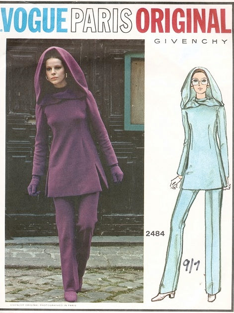 1970s Fab VOGUE PARIS ORIGINAL 2484 GIVENCHY Tunic, Pants and Hood Pattern Space Age Mod Style Bust 34 Vintage Sewing Pattern FACTORY FOLDED