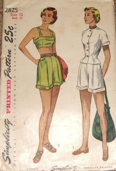 1940s BEACH WEAR PATTERN Fitted Jacket Blouse, Midriff Beach Bra Top, High Waist Cuffed Shorts Simplicity 2825 Vintage Sewing Pattern