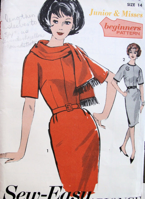 1960s MAD MEN Slim Dress and Scarf BEGINNERS PATTERN Sew Easy ADVANCE 3014 Two Style Versions Bust 36 Vintage Sewing Pattern