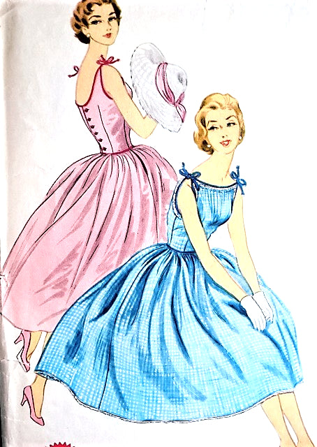1950s DREAMY Party Cocktail Evening Dress Pattern McCALLS 3260 Easy To Sew Bateau Neckline Dainty Bow Ties Low Scoop Button Back Full Rockabilly Skirt Bust 34 Vintage Sewing Pattern