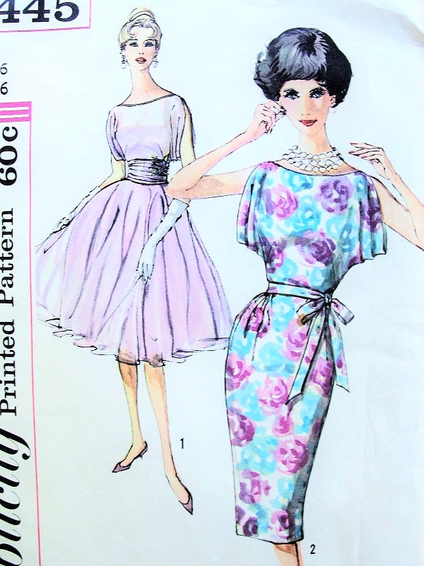 1960s LOVELY Evening Cocktail Party Dress Pattern SIMPLICITY 3445 Vintage Sewing Pattern Bateau Neckline, Draped Sleeves, Cummerbund, Choice of Very Full or Slim Skirt, Perfect For Sheer Fabrics Bust 32