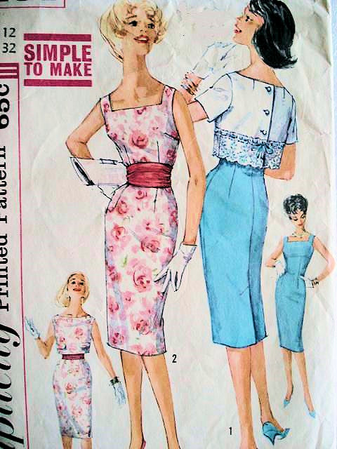 1960s Simplicity 3464 Vintage Sewing Pattern Vampy Square or Bateau Neckline Curve Hugging Sheath Cocktail Party Dress, Back Buttoned Jacket Bust 32 Simple To Make