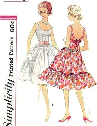 1960s LOVELY Full Skirt Party Evening Dress Pattern SIMPLICITY 3470 Scoop Necklines 2 Glamorous Styles Bust 32 Vintage Sewing Pattern