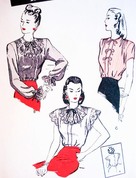 1940s Beautiful Blouse Pattern Butterick 3694 Three Unique Styles Includes Frilly Jabot Version Bust 32 Vintage Sewing Pattern FACTORY FOLDED