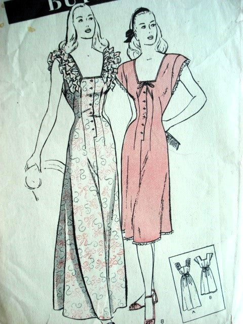 1940s LOVELY Nightgown In Two Lengths Pattern BUTTERICK 3707 Deep Square Neckline, Ruffled or Plain Versions, Bust 32 Vintage Sewing Pattern