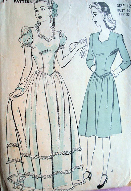 1940s WWII WAR TIME EVENING GOWN PATTERN SWEET HEART NECKLINE