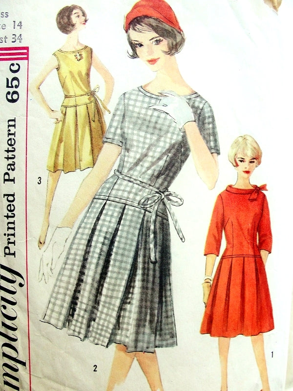 1960s STYLISH Drop Waist Dress With Pleated Skirt 3 Style Versions SIMPLICITY 4034 Bust 32 Vintage Sewing Pattern