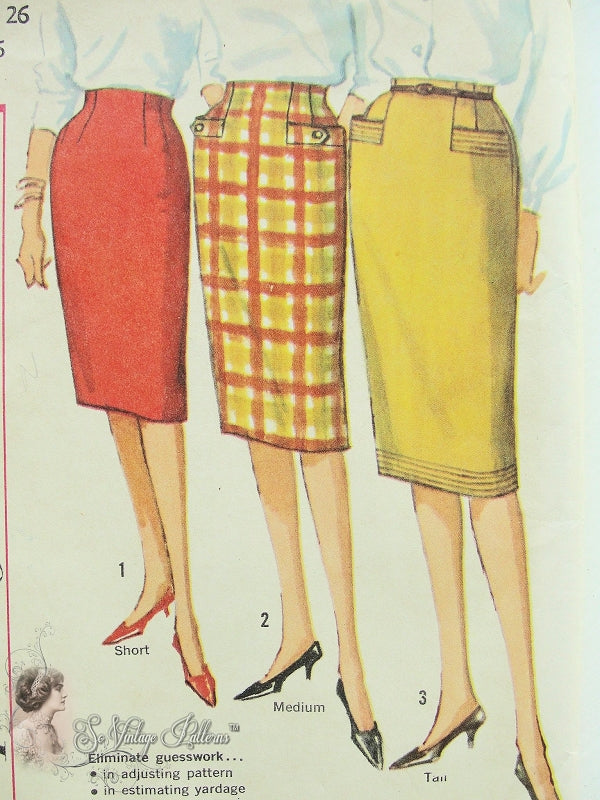 Early 1960s Slim Proportioned One Yard Skirt Pattern SIMPLICITY 4100 Three Style Versions Waist 26 Vintage Sewing Pattern