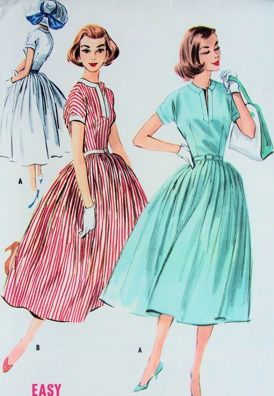 1950s EASY TO SEW FULL SKIRTED DRESS PATTERN PRETTY SLIT NECKLINE McCALLS 4114 Vintage Sewing Pattern