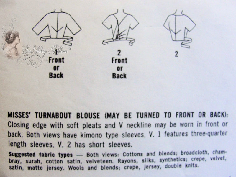 1960s Lovely TURNABOUT Wrap Blouse Pattern SIMPLICITY 4130, Blouse May Be Turned To Front or Back Wrap, V or Bateau Neckline Bust 36 Vintage Sewing Pattern