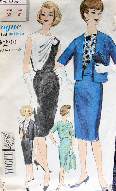 1960s CLASSY DRESS, JACKET PATTERN SHOULDER DRAPED BODICE VOGUE SPECIAL DESIGN 4252