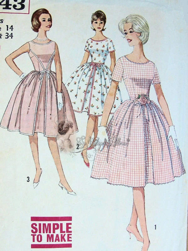 1960s PRETTY Dress Pattern SIMPLICITY 4343 Front Inverted Pleat Full Skirt Dress, 3 Versions, Day or Party, Bust 32 Simple To Make Vintage Sewing Pattern