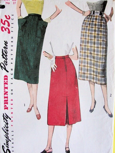 1950s STYLISH Slim Skirts Pattern SIMPLICITY 4377 Two Styles Waist 28 SIMPLE TO MAKE Vintage Sewing Pattern