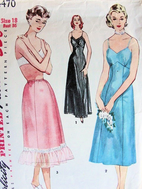 1950s Slips Pattern Simplicity 4470 Three Liz Taylor Cat on a Hot Tin Roof Styles Shaped Bust Full Slip, Evening Length Formal Slip Chiffon Ruffle Trim Half Slip Lingerie Vintage Sewing Pattern Bust 38