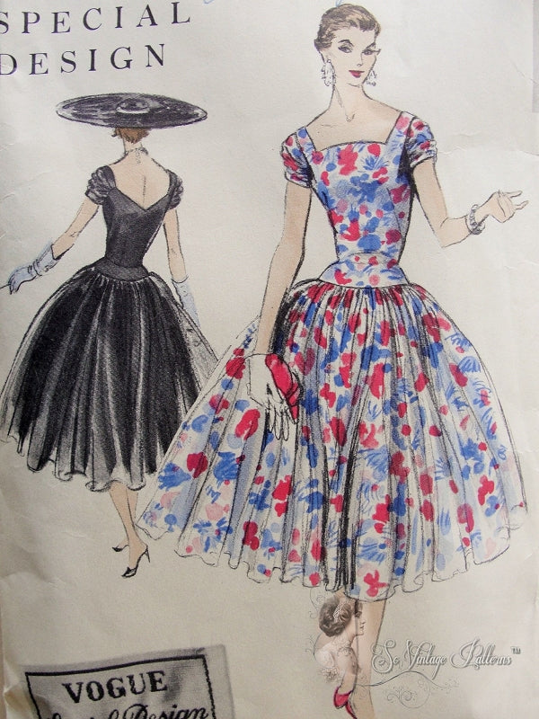 1950s Beautiful Cocktail Evening Dress Pattern Stunning Wide Square Neckline, Wide Full Skirt, Short Draped Sleeves Vogue Special Design 4612 Vintage Sewing Pattern Bust 30