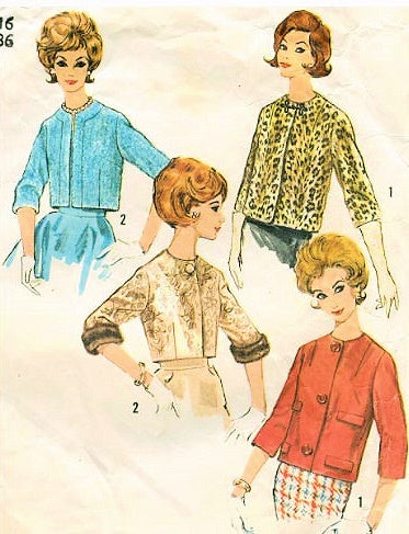 1960s Stylish Jackets Pattern Simplicity 4655 Waist Length Shortie Jackets 4 Style Versions Daytime or Evening Bust 32 Vintage Sewing Pattern