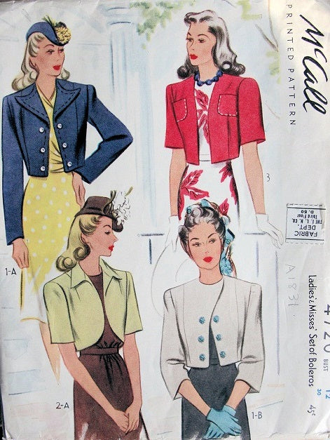 1940s BOLERO SHORTIE JACKETS PATTERN 4 LOVELY STYLES WAR TIME WW II McCALL 4720