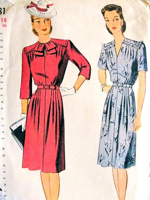 1940s LOVELY Dress Pattern SIMPLICITY 4731 Two Beautiful Necklines, Bust 36 Vintage Sewing Pattern