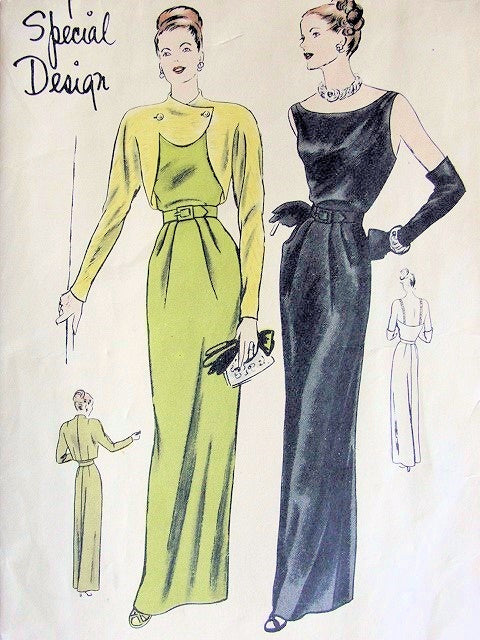 1940s BEAUTIFUL EVENING GOWN DRESS, UNIQUE BOLERO PATTERN VERY LOW BACK, CUT OUT SHAPED JACKET BUTTERICK 4749