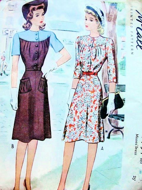 1940s McCALL 4757 DRESS PATTERN 2 PRETTY STYLES