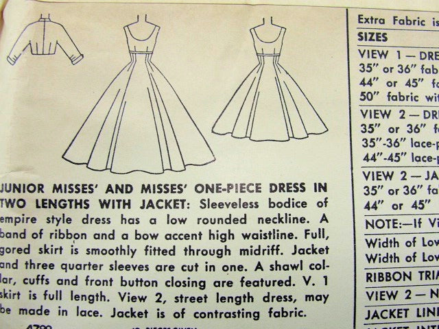 1950s Evening Gown Cocktail Dress Crop Jacket Pattern SIMPLICITY 4782 ROCKABILLY Empire Party Dress Figure Flattering Bust 30 Vintage Sewing Pattern