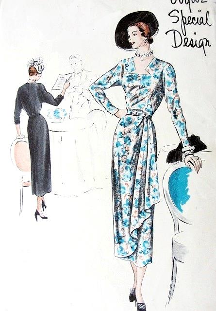 1940s Vogue Special Design Pattern 4862 Cascade Draped Overskirt Dress Unique Cut Out Design Neckline Lovely Style