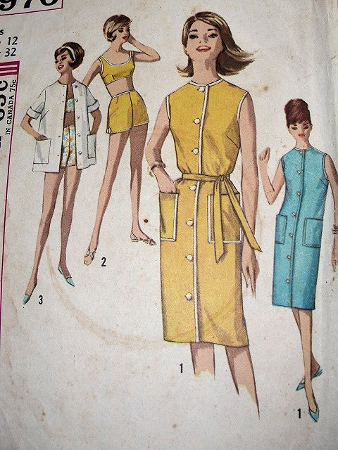 1960S Beach Wear Pattern Swimsuit Bathing Suit , Beach Cover Up Coat, – So Vintage Patterns
