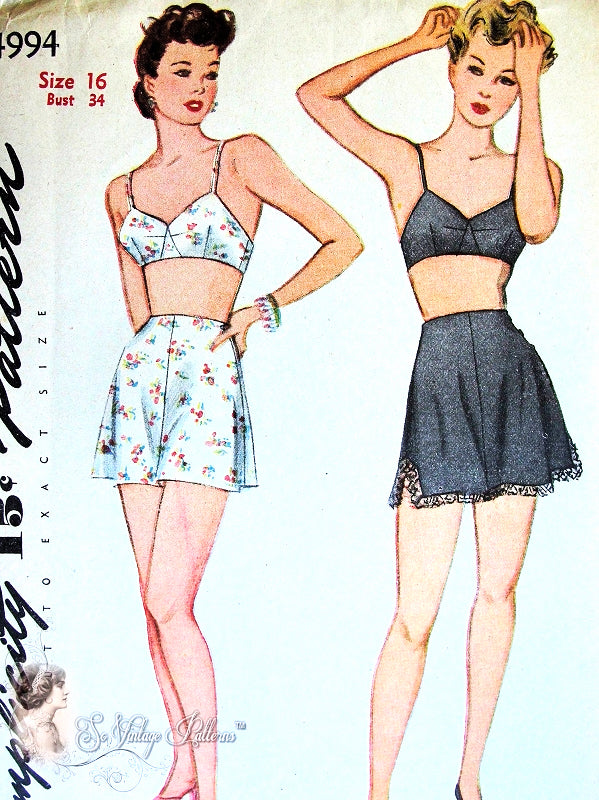 1940s PIN UP Style Lingerie Pattern SIMPLICITY 4994 Bra and 3 Side Button Tap Panties Knickers Bust 38 Vintage Sewing Pattern