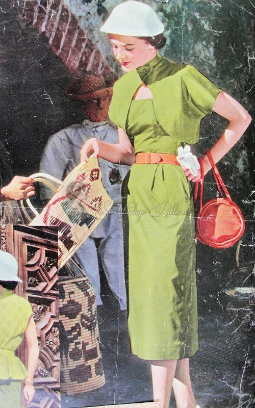 1950s Rockabilly Sheath Dress and Over Pieces Pattern Womans Day 5008 Vintage Sewing Pattern Slim Dress Reversible Bolero Jacket, Apron Skirt and Bias Cut Poncho Blouse Beautiful 50s Fashions Factory Folded Bust 30