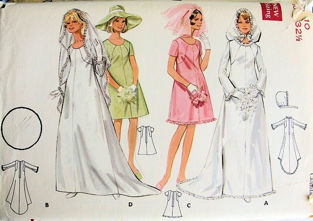 1960s MOD WEDDING BRIDAL GOWN DRESS PATTERN VEIL, HOOD BUTTERICK 5131